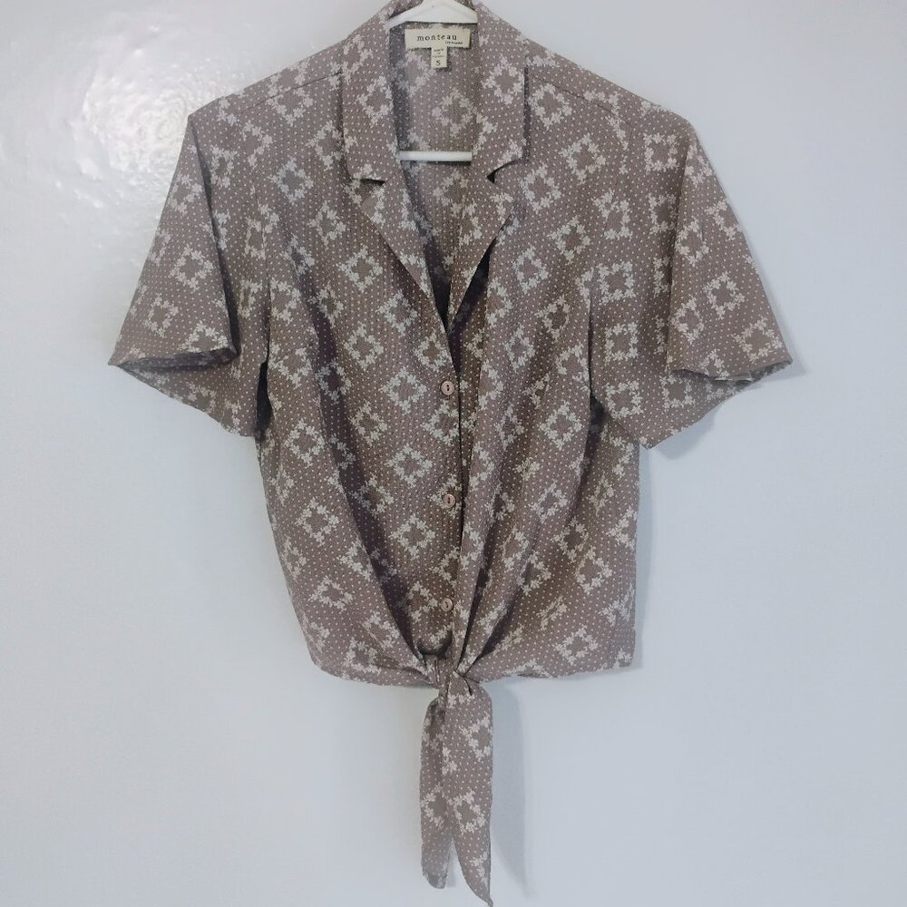 Monteau Tie Front Button Blouse Taupe Floral Short Sleeve S